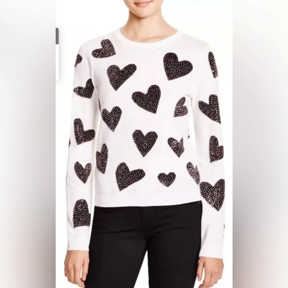 NWT Alice + Olivia Reinstone Hearts Wool Crewneck Sweater in Cream Black Size XS